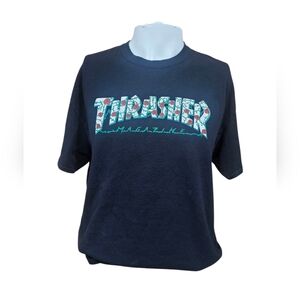 Thrasher Magazine Rose Logo Graphic Tee Black Skate Streetwear Size Large